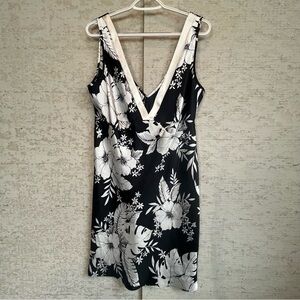 Massini Womens Baby Doll Floral Dress Sz L Waist Tie Black White Boho Sleeveless